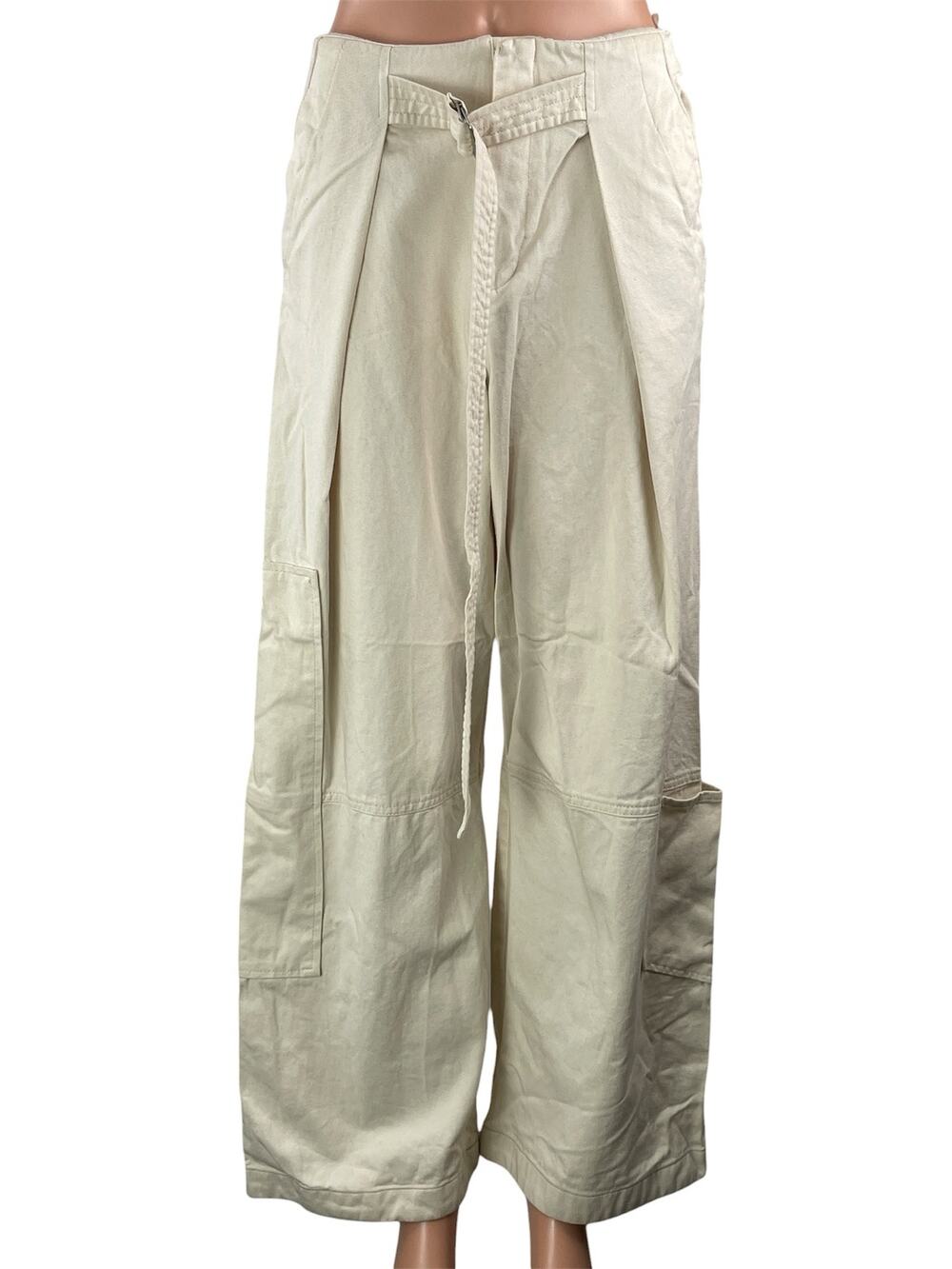 Zara Women's Cream Belted High Waisted Cargo Wide Leg Trousers Pants Size S